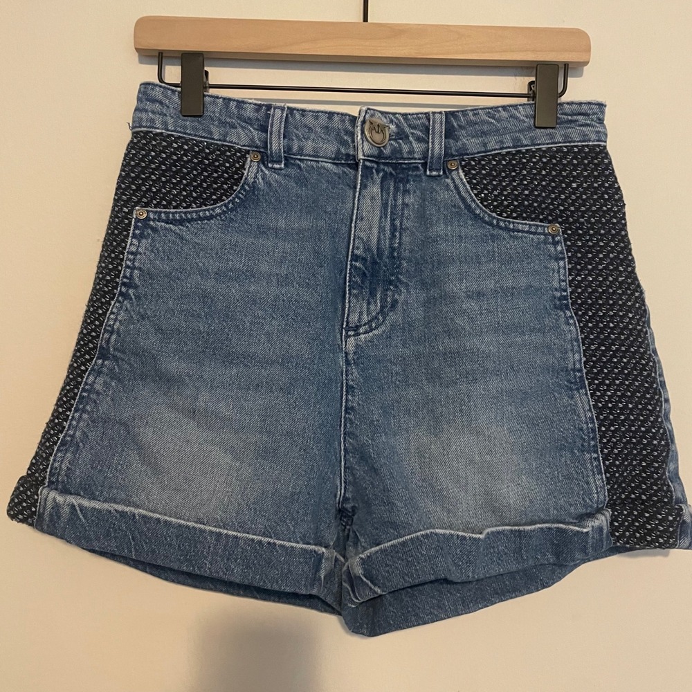 Pinko‎ denim Jean shorts textured high rise 42 edgy casual summer vacation